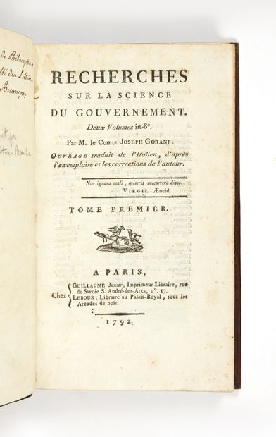 GORANI, Joseph Recherches sur la science du gouvernement.
Work translated from the...