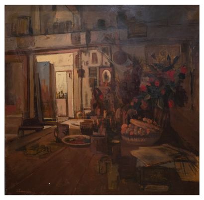 Ben SHAHN (1898-1969) Workshop. Oil on canvas. Signed lower left. H_116 cm W_122...