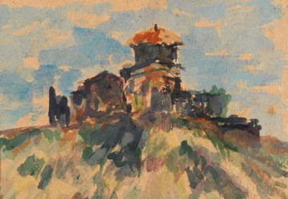 ÉCOLE RUSSE Paysage Gouache. H_11 cm L_17 cm