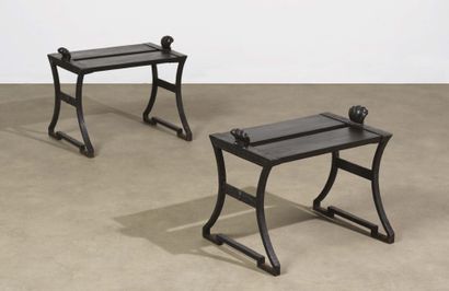 FOLKE BENSOW (1886-1971) Pair of stools model " n°2 " Wrought iron and wood Edition...