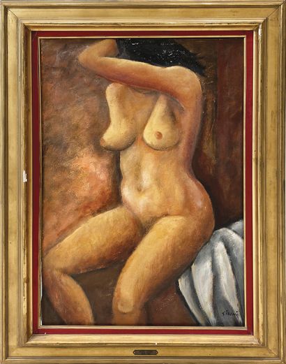 Mario Sironi (1885-1961) Nu assis
Huile sur toile.
Signée en bas à droite.
Oil on...