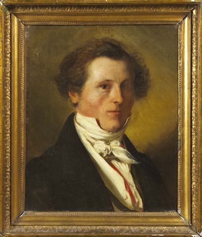 ECOLE ANGLAISE DU XIXe SIÈCLE Portrait d'homme au col blanc Toile. H_46,5 cm L_38,5...