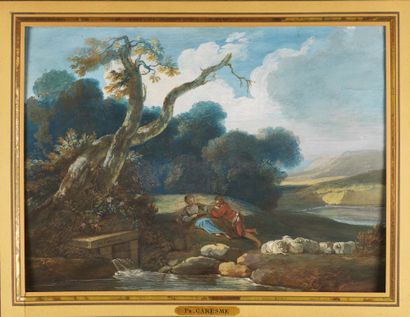 JACQUES-PHILIPPE CARESME (PARIS 1734 - 1796) Pastorale au pied source Gouache. Signé...