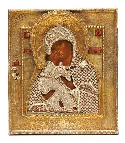  ICON OF THE MOTHER OF GOD of Vladimir flanked on the left by Saint Vassa. Tempera...