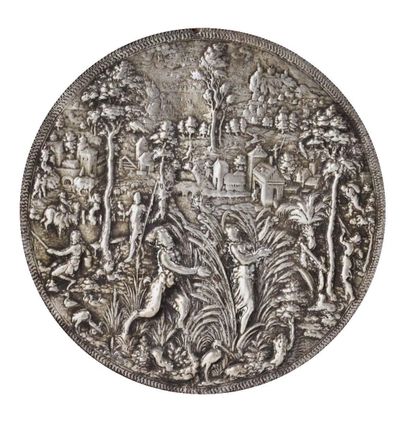 null 
*CIRCULAR PLATE in lead and pewter alloy representing Pan and Syrinx in a river...