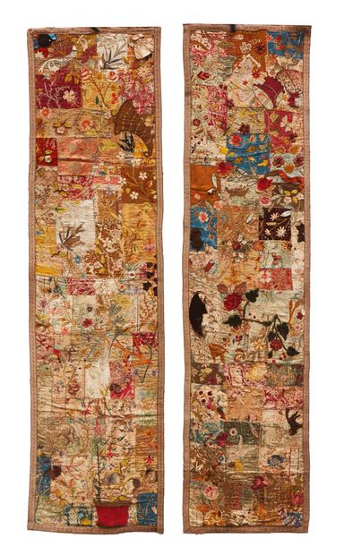 null 
PAIR OF PANELS OF EMBROIDERY in patchwork composed of silk tiles embroidered...