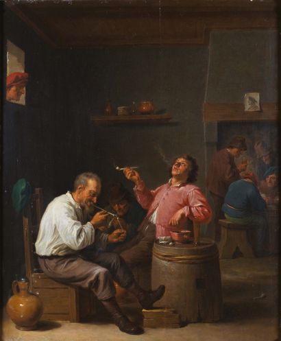 ECOLE FLAMANDE DU XVIIE SIÈCLE, ATELIER DE DAVID TENIERS Smokers in a tavern
Oak...