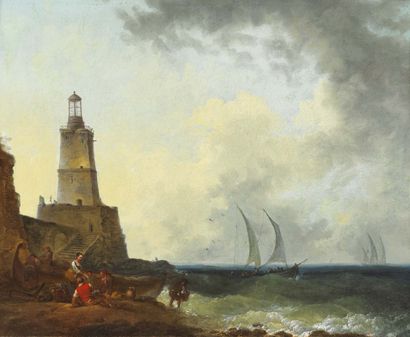 ATTRIBUÉ À PHILIP JAKOB II DE LOUTHERBOURG (1740-1812) Fishermen near a lighthouse
Canvas.
H_33...