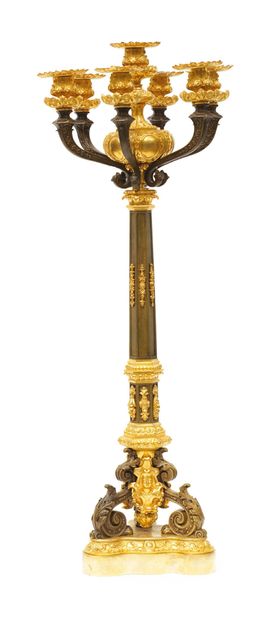 null PAIR OF CANDELABRES with seven arms of light in patinated bronze and gilt bronze....
