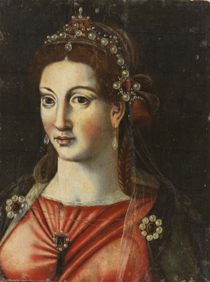 École ITALIENNE du XVIe siècle Tête de femme coiffée de bijoux Panneau, coupé sur...