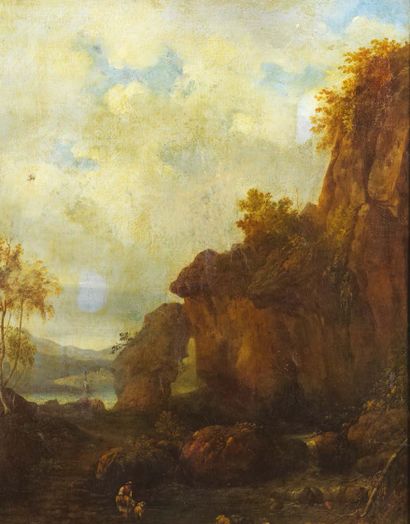 ATTRIBUÉ À FRANCISQUE II MILLET (1666-1723) Paysage aux rochers Toile (manques et...