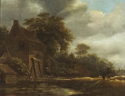 ATTRIBUÉ À ROELOF JANSZ. VAN VRIES (1631-1681) Thatched cottage landscape
Oak panel,...