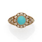  An 18K (750) gold ring with a turquoise cabochon surrounded and supported by rose-cut...