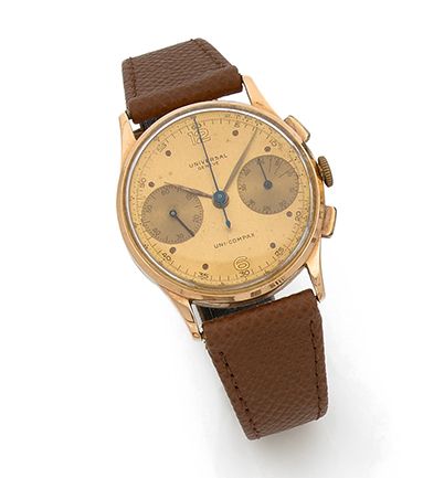 UNIVERSAL GENEVE Uni-Compax.
Montre bracelet chronographe en or 750e, fond en or...