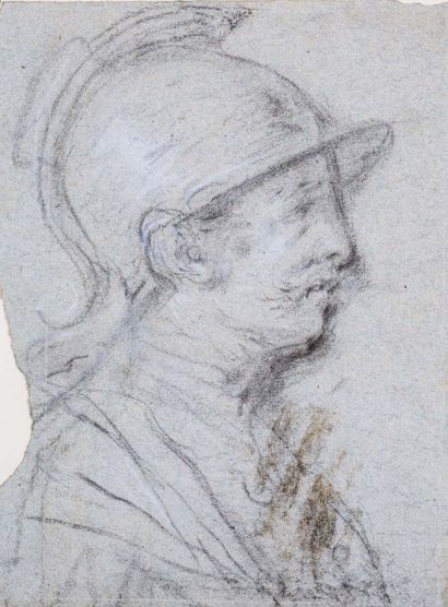 Attribué à Domenico FIASELLA dit Il SARZANA (1589-1669) Head of a helmeted man
Black...