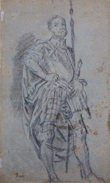 Ecole italienne du XVIIe siècle Figure of man in armor: Saint Menna
Black chalk....