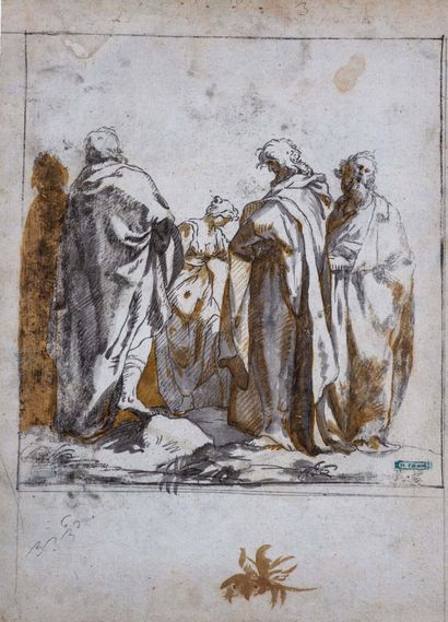 École flamande du XVIIe siècle a) Étude de personnages
Pierre noire. 26 x 18,8 cm
b)...