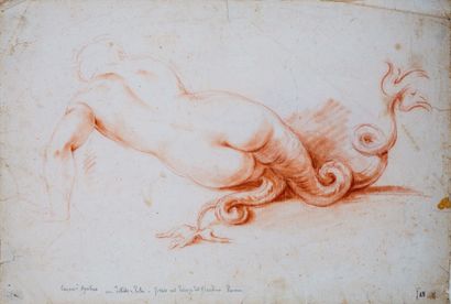 Attribué à Domenico Maria CANUTI (1625-1684) Une néréide vue de dos Sanguine. Déchirures....