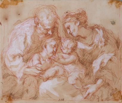 Attribué à Bartolomeo BISCAINO (1632-1657) La Sainte Famille Sanguine, rehaut de...