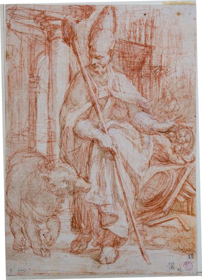 Attribué à Bernardo STROZZI (1581-1644) Saint bishop and a bear
Sanguine
Attribuito...