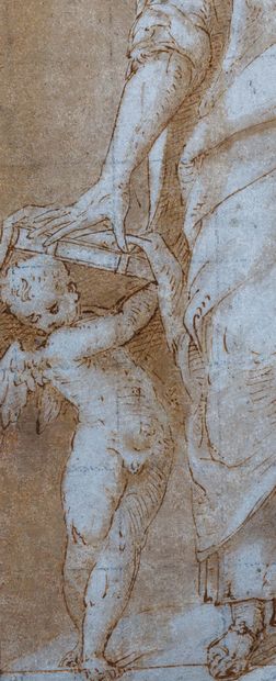 Attribué à Francesco PESENTI (1510/15-1563) Saint Peter and an Angelot
Pen, brown...