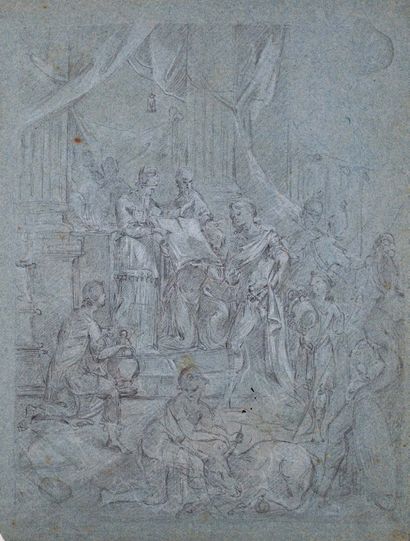 Attribué à Francesco MONTI (1685-1768) Alexander the Great in the Temple of Jerusalem
Black...