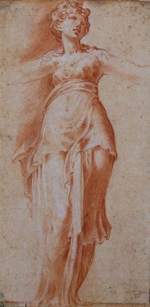 Attribué à Girolamo MAZZOLA BEDOLI (1500-1569) Figure de cariatide Sanguine. Au verso...
