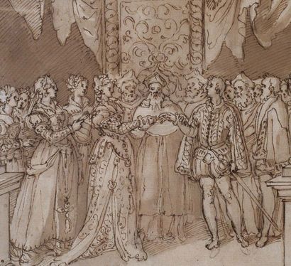 Attribué à Taddeo ZUCCARI (1529-1566) Mariage d'Ottavio Farnese et Marguerite d'Autriche
Plume,...