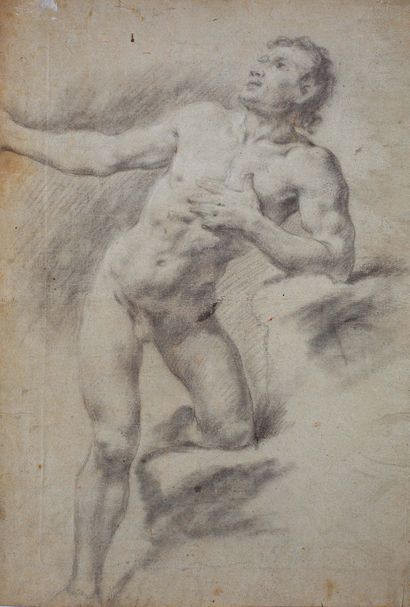 Attribué à Simone PIGNONI (1611-1698) Académie d'homme.
Pierre noire. Contrecollé,...