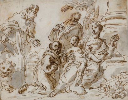 Attribué à Gaspare DIZIANI (1689-1767) The Holy Family, St. Gerome and St. Francis
Pen,...