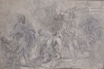 Attribué à Valerio CASTELLO (1624-1659) L'Adoration des Mages
Pierre noire. Annotations....