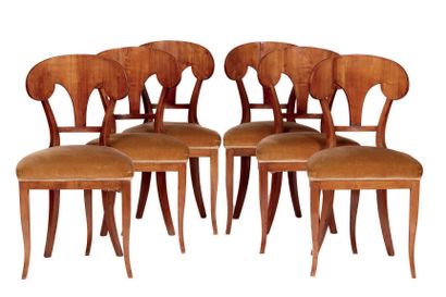 Set of six wooden chairs, open backrest,...