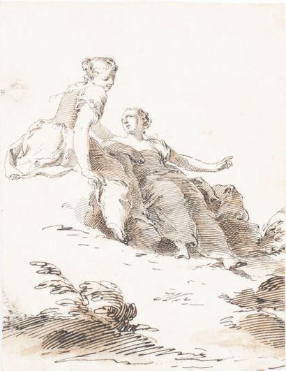 Scuola Veneziana del XVIII secolo 
Étude de deux jeunes femmes assises
Plume, encre...