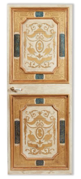 null Molded wood door, polychromed and gilded. Decorated by two frames from the corners...