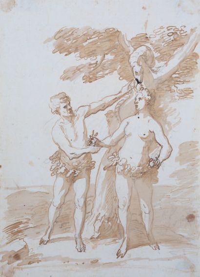 Scuola Italiana del XVII/XVIII secolo Adam et Eve Plume, encre brune, lavis brun...