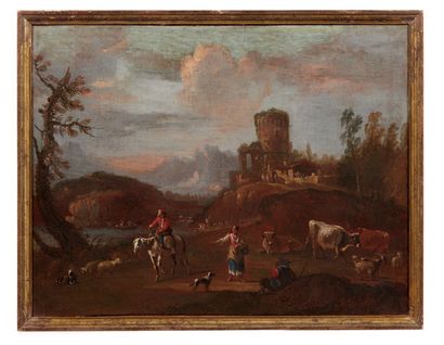 Ernesto Daret (attivo alla fine del XVII secolo) 
Paire de paysages avec des villageois...
