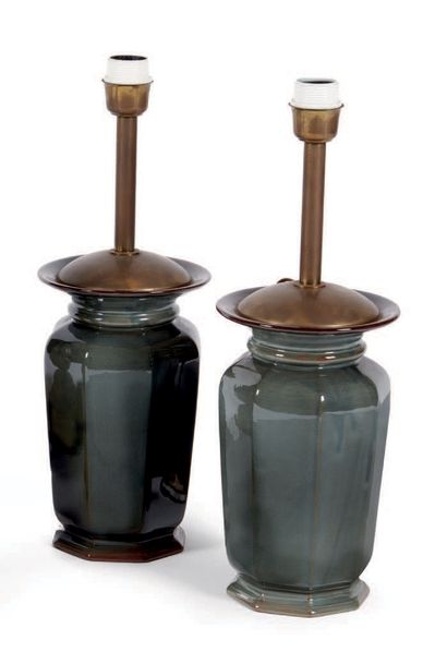 Pair of jade green vases, electrically mounted...