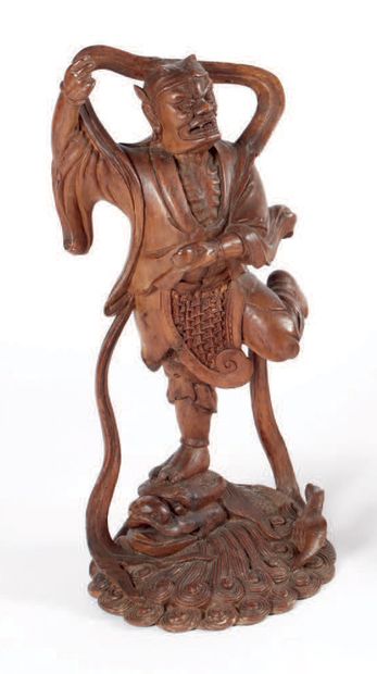 null Wooden sculpture depicting a character dancing on a dragon or a dolphin, oriental...