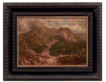 PITTORE DEL XIX SECOLO Paire de tableaux représentant des paysages et des voyageurs
Oil...