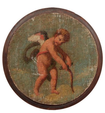 PITTORE DEL XIX SECOLO 
Two winged cherubs
Paire de peintures circulaires sur toile...