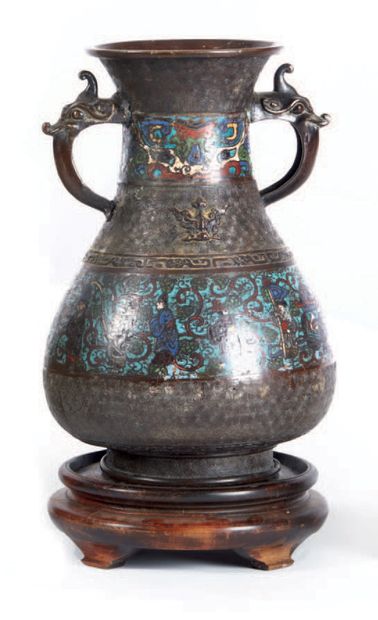null Two-handled bronze and cloisonné emamel vase decorated with geometric motifs...