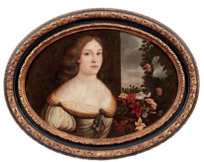 PITTORE DEL XVIII SECOLO 
Portrait d'une dame aux fleurs
Huile sur toile ovale (restaurations)
École...