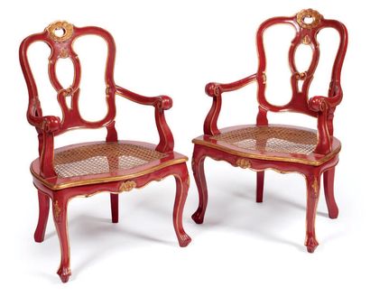 null Pair of armchairs in red lacquered wood, with open backrest and tiled seat,...
