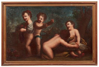 Pittore del XVII/XVIII secolo 
Paire de tableaux avec des cupidons jouant. Huile...