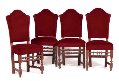 Four turned walnut armchairs, seat and back...