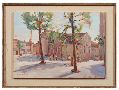 Oscar Sogaro (1888-1967) 
Campo San Giacomo dell'Orio à Venise
Huile sur toile
Signé...