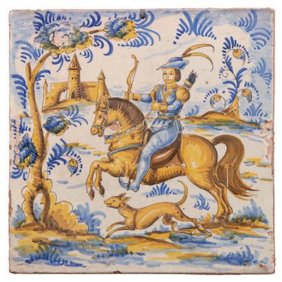 null Grand carreau de majolique polychrome représentant une scène de chasse, Faenza,...