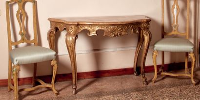 null Sculpted and gilded wood console, with shaped band, wavy front and sides, lacquered...