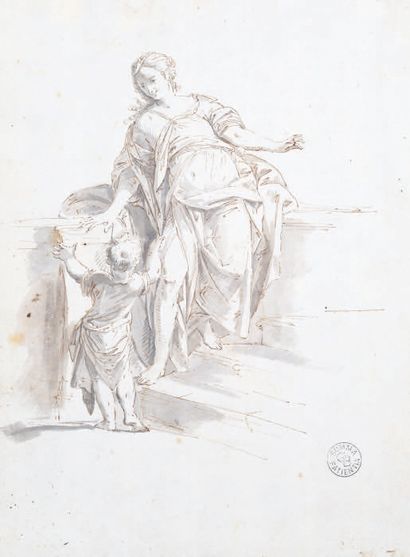 Scuola Veneziana del XVIII secolo 
Jeune femme et son enfant sur un escalier
Plume,...