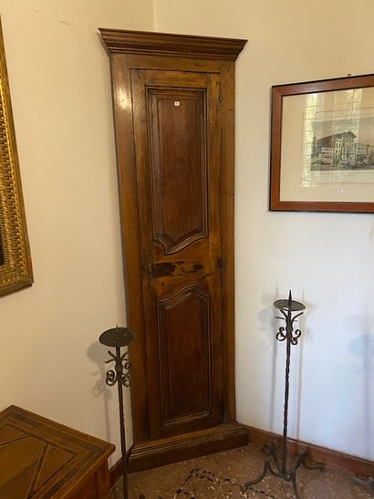 Two wooden corner cabinets with one door...
